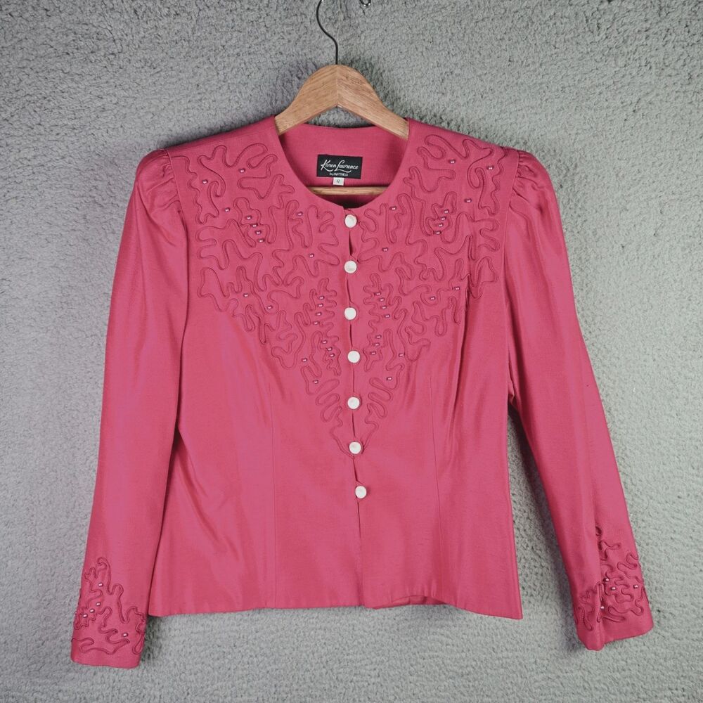 Karen Lawrence Womens Blazer 12 Pink Embroidered Pearl Button 67% Rayon Vintage